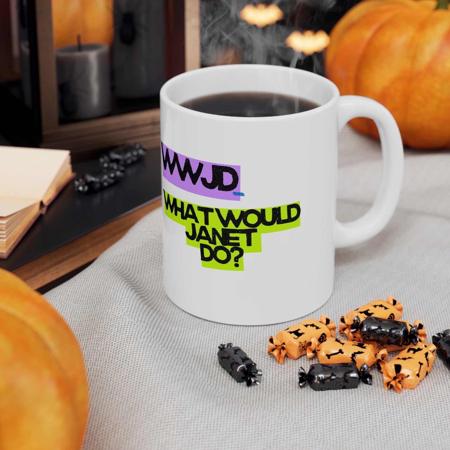 WWJD - What Would Janet Do? - Ceramic Coffee Mug 11oz | Gift for Friends, Funny Mugs, Kitchen Decor, Inspirational Quotes, Unique Drinkware
