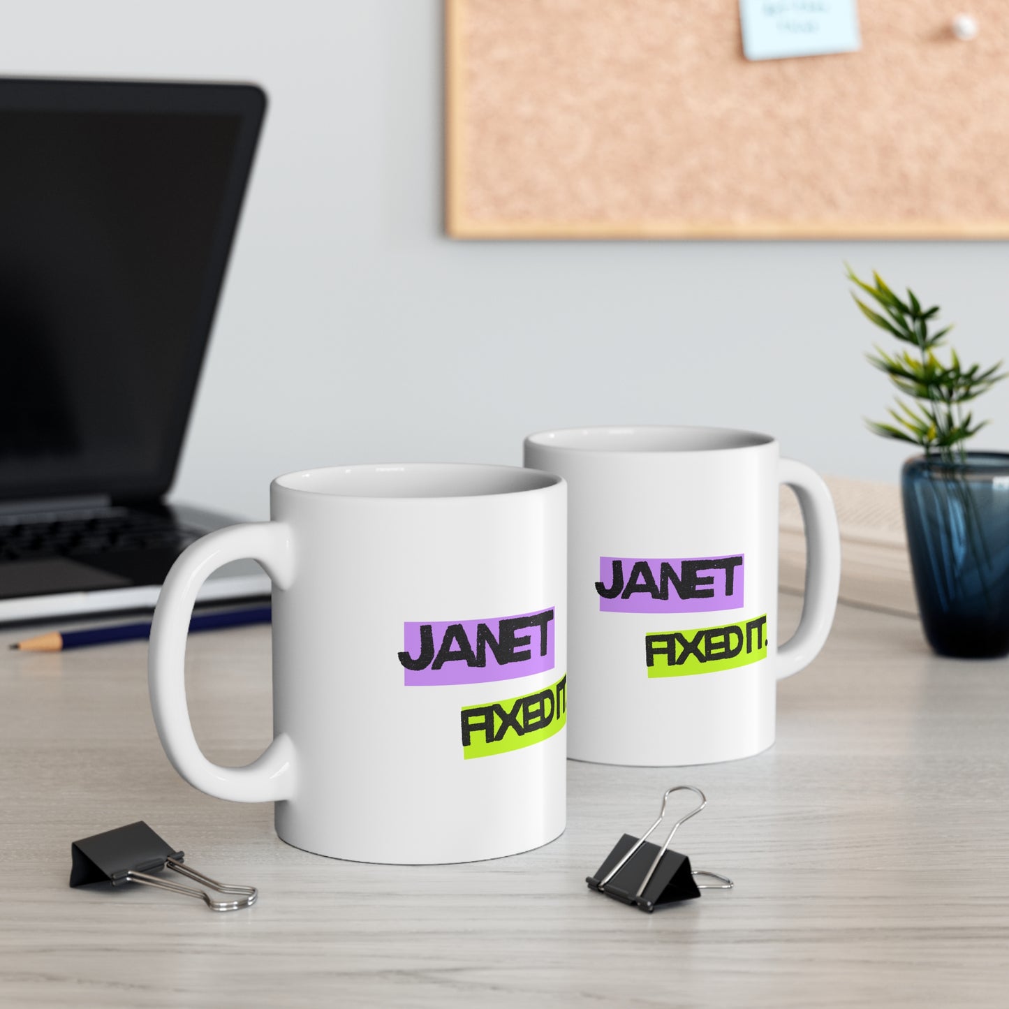 Janet Fixed It - Colorful Janitorial Humor 11oz Mug – Perfect Gift for Office, Home, Funny Coffee Mug, 11oz Ceramic Cup, Birthday Gift
